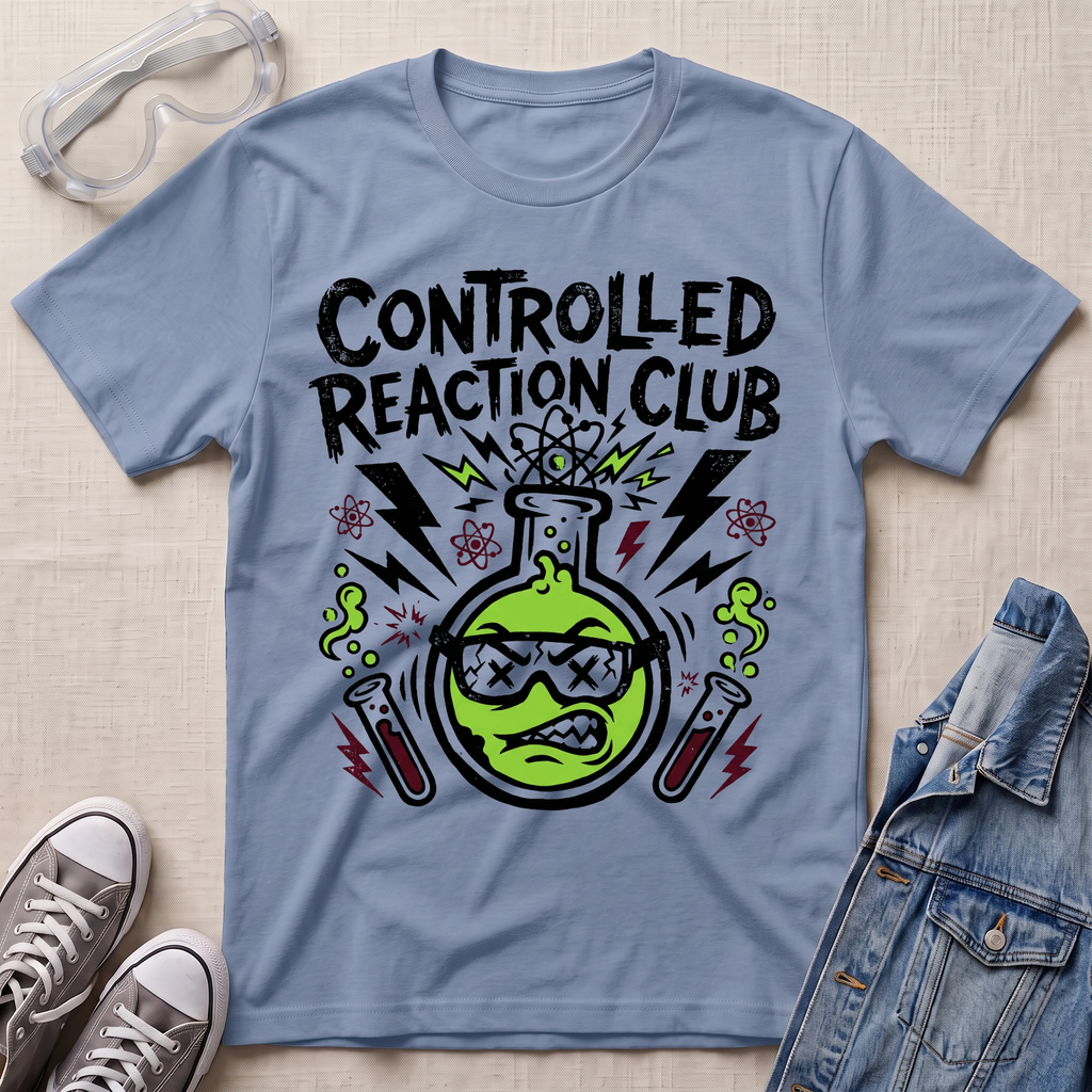 A light blue graphic t-shirt featuring a cartoon green beaker wearing sunglasses with the text 'CONTROLLED REACTION CLUB' above it. The shirt is styled in a flat-lay arrangement with safety goggles, sneakers, and a denim jacket on a textured beige background.