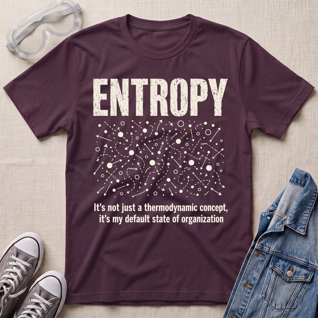 A maroon graphic t-shirt laid flat on a beige fabric background, styled with safety goggles, gray sneakers, and a denim jacket. The t-shirt features a white distressed graphic of the word 'ENTROPY' above a entropy pattern, with the text 'It's not just a thermodynamic concept, it's my default state of organization' below.