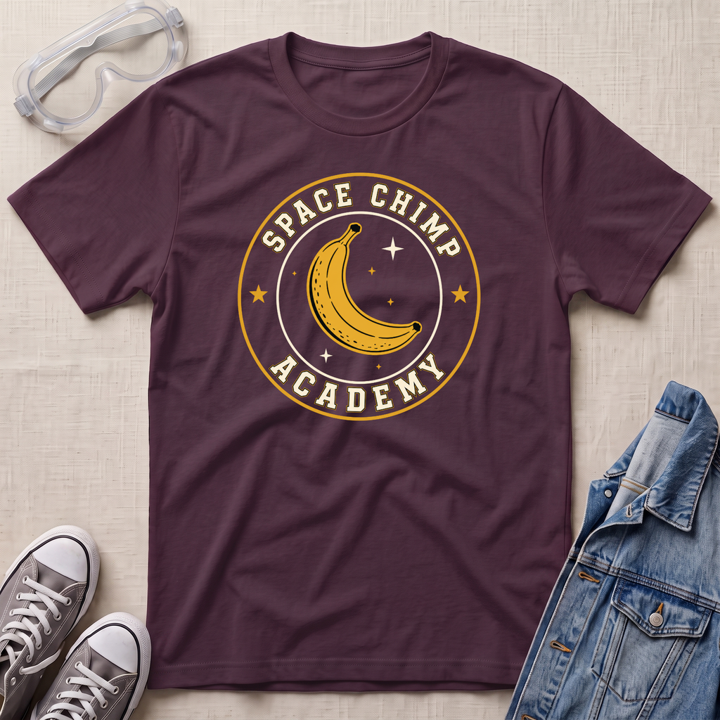 A maroon t-shirt with a circular 'Space Chimp Academy' graphic featuring a yellow banana and stars, styled in a flat lay with safety goggles, jeans, sneakers, and a denim jacket on a textured beige background.