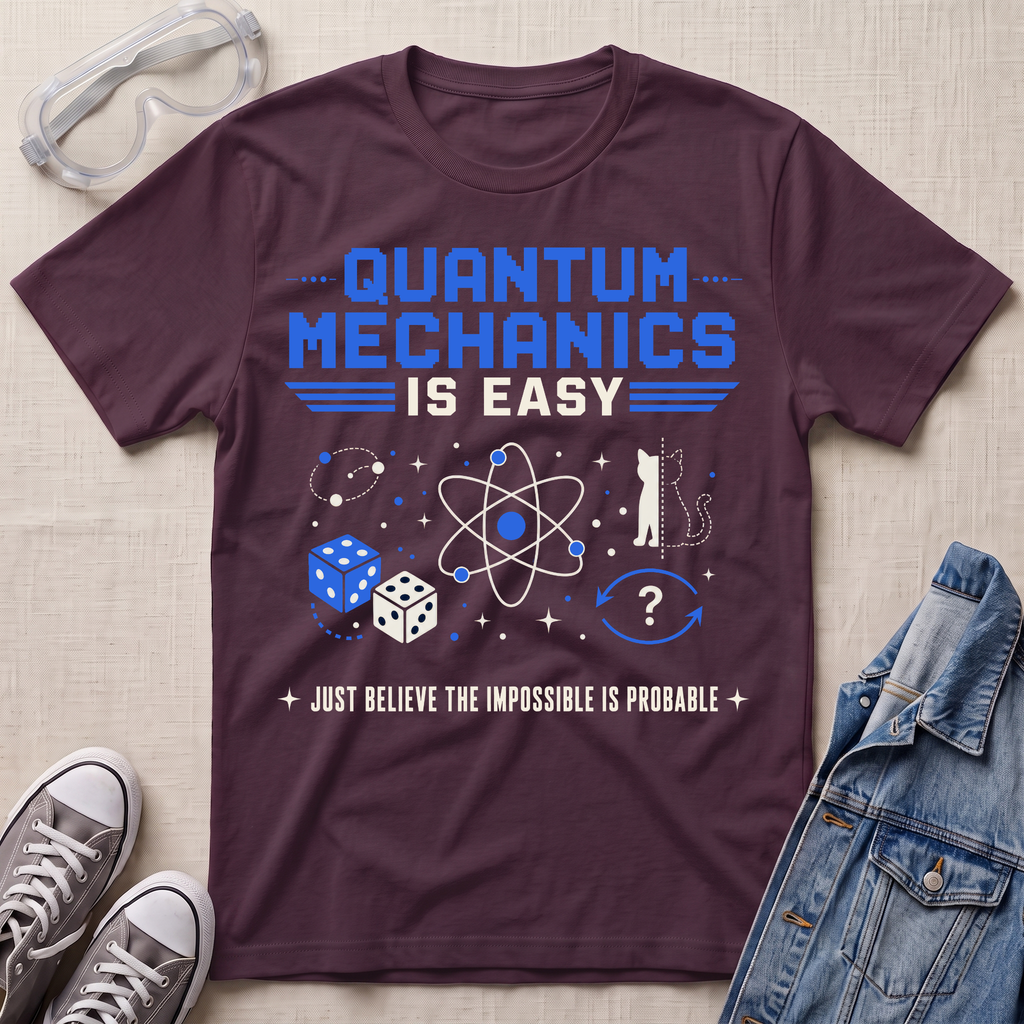 A maroon graphic t-shirt laid flat on a light beige textured background, styled with safety goggles, gray sneakers, and a denim jacket. The t-shirt features a blue and white graphic that reads 'QUANTUM MECHANICS IS EASY' with scientific doodles and the phrase 'JUST BELIEVE THE IMPOSSIBLE IS PROBABLE'.