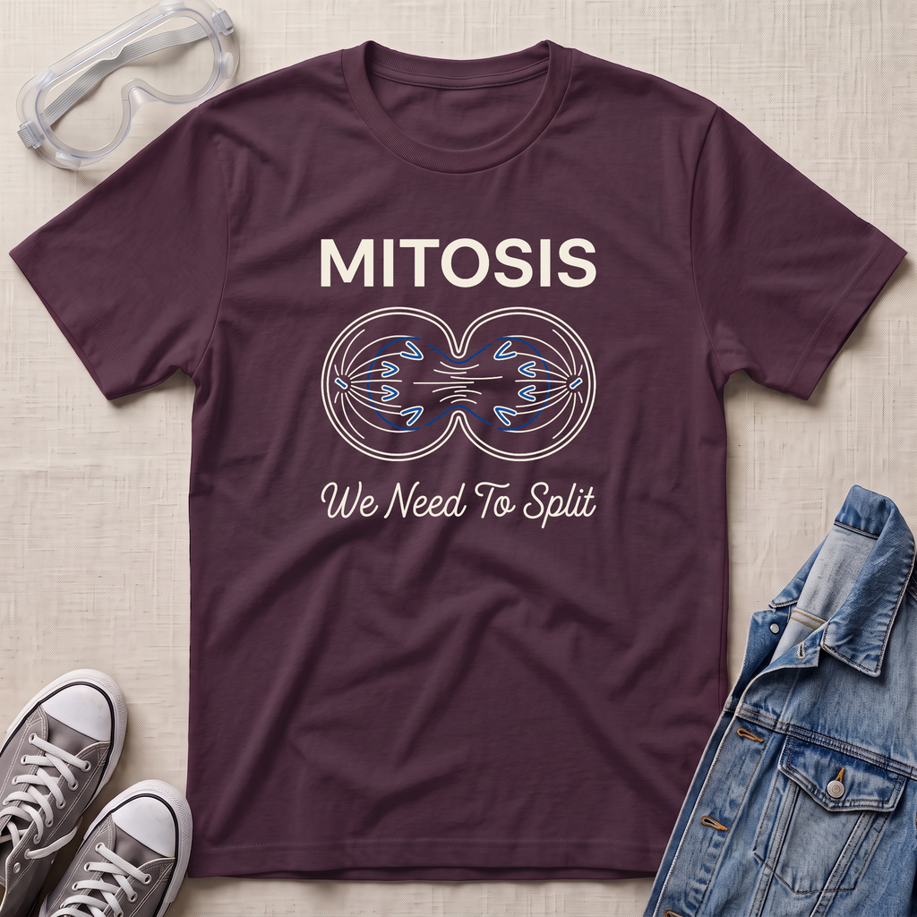 A maroon science t-shirt featuring a mitosis cell division diagram with “MITOSIS – We Need To Split” text, styled with lab goggles, sneakers, and a denim jacket.