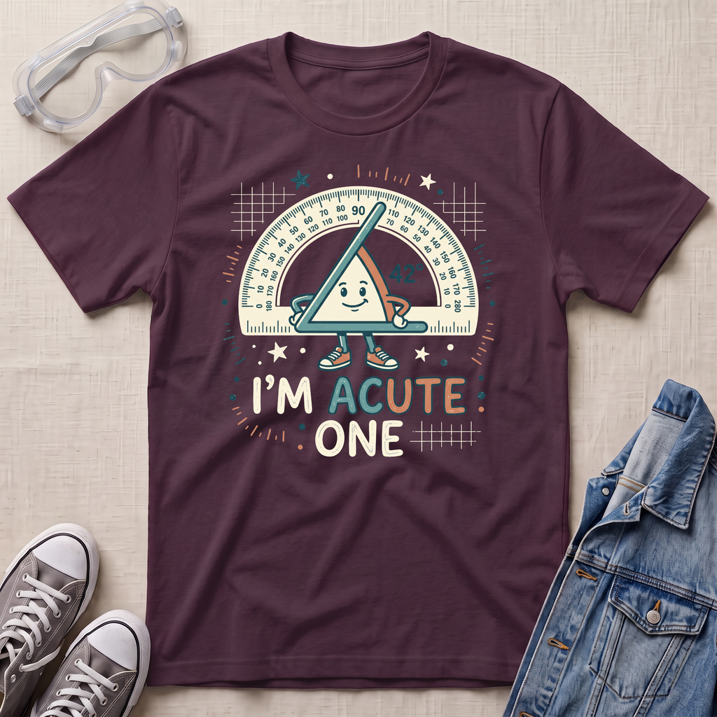 A dark plum purple graphic t-shirt laid flat on a beige fabric background, styled with safety glasses, gray sneakers, and a blue denim jacket. The t-shirt features a cartoon triangle protractor character and the text 'I'M ACUTE ONE'.