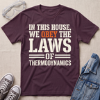 A maroon short-sleeve graphic T-shirt laid flat on a light beige fabric surface, surrounded by styling props including safety goggles, gray sneakers, and a denim jacket. The shirt has a large printed slogan reading “IN THIS HOUSE, WE OBEY THE LAWS OF THERMODYNAMICS” in white and orange text.