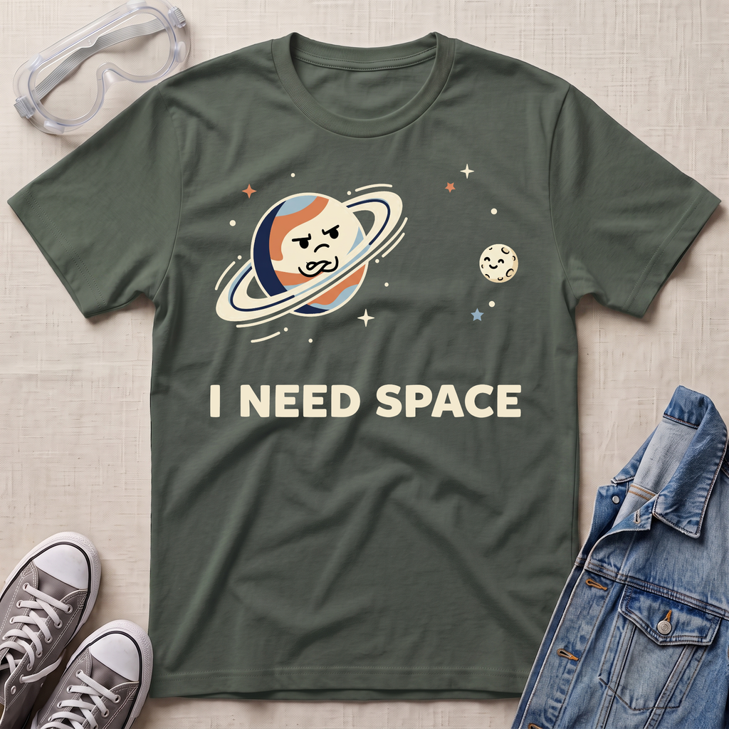 A military green graphic t-shirt laid flat on a light beige textured surface, styled with safety goggles, gray sneakers, and a blue denim jacket. The t-shirt features a cartoon graphic of a planet with a mustache and rings, along with stars and the text 'I NEED SPACE' in cream.