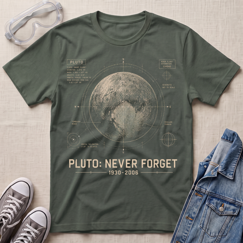 An military green graphic t-shirt featuring a vintage-style spacecraft schematic of Pluto with the text 'PLUTO: NEVER FORGET 1930-2006'. The t-shirt is displayed in a flat-lay arrangement on a textured beige background, surrounded by props including clear safety goggles, gray sneakers, and a blue denim jacket.