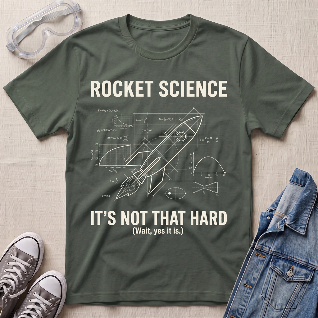 A military green graphic t-shirt laid flat on a light beige textured surface, surrounded by props including safety goggles, gray sneakers, and a denim jacket. The t-shirt features a white blueprint-style rocket graphic with equations and the text 'ROCKET SCIENCE IT'S NOT THAT HARD (Wait, yes it is.