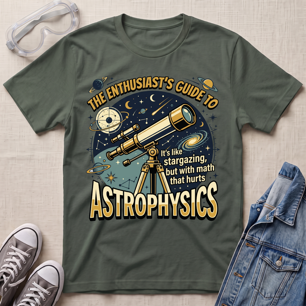 A military green graphic t-shirt laid flat on a light beige textured background, surrounded by props including clear safety goggles, gray sneakers, and a denim jacket. The t-shirt features a space-themed design with a telescope, planets, stars, and the text 'THE ENTHUSIAST'S GUIDE TO ASTROPHYSICS'.
