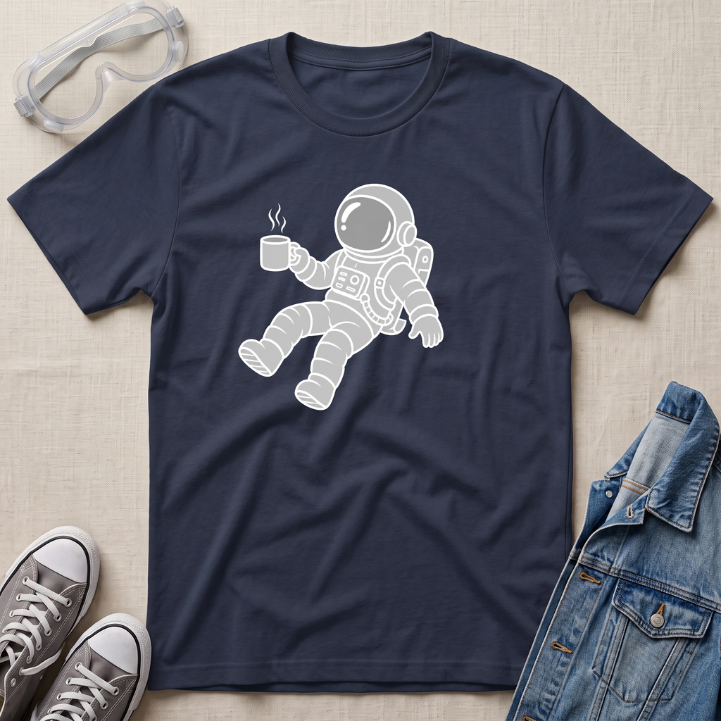 A navy blue crewneck t-shirt featuring a white line-art graphic of an astronaut floating and holding a steaming mug. The t-shirt is presented in a styled flat-lay arrangement on a textured beige fabric background, surrounded by props including safety goggles, gray sneakers, and a blue denim jacket.
