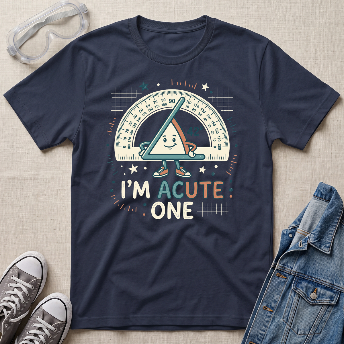 A navy blue graphic t-shirt laid flat on a beige fabric background, styled with safety glasses, gray sneakers, and a denim jacket. The t-shirt features a cartoon triangle protractor character and the text 'I'M ACUTE ONE.