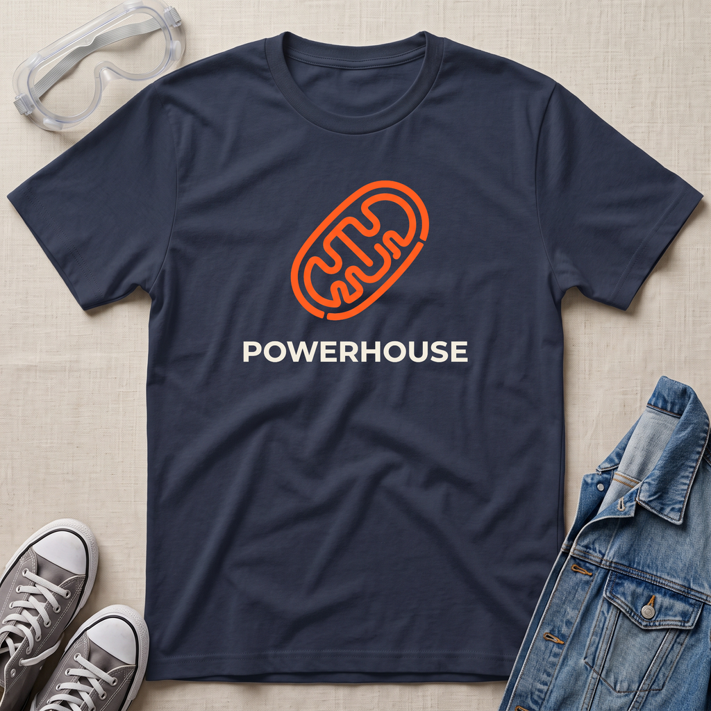 A navy blue crewneck t-shirt with an orange mitochondrion logo and the word 'POWERHOUSE' in white, styled in a flat-lay with safety goggles, sneakers, and a denim jacket on a beige textured background.