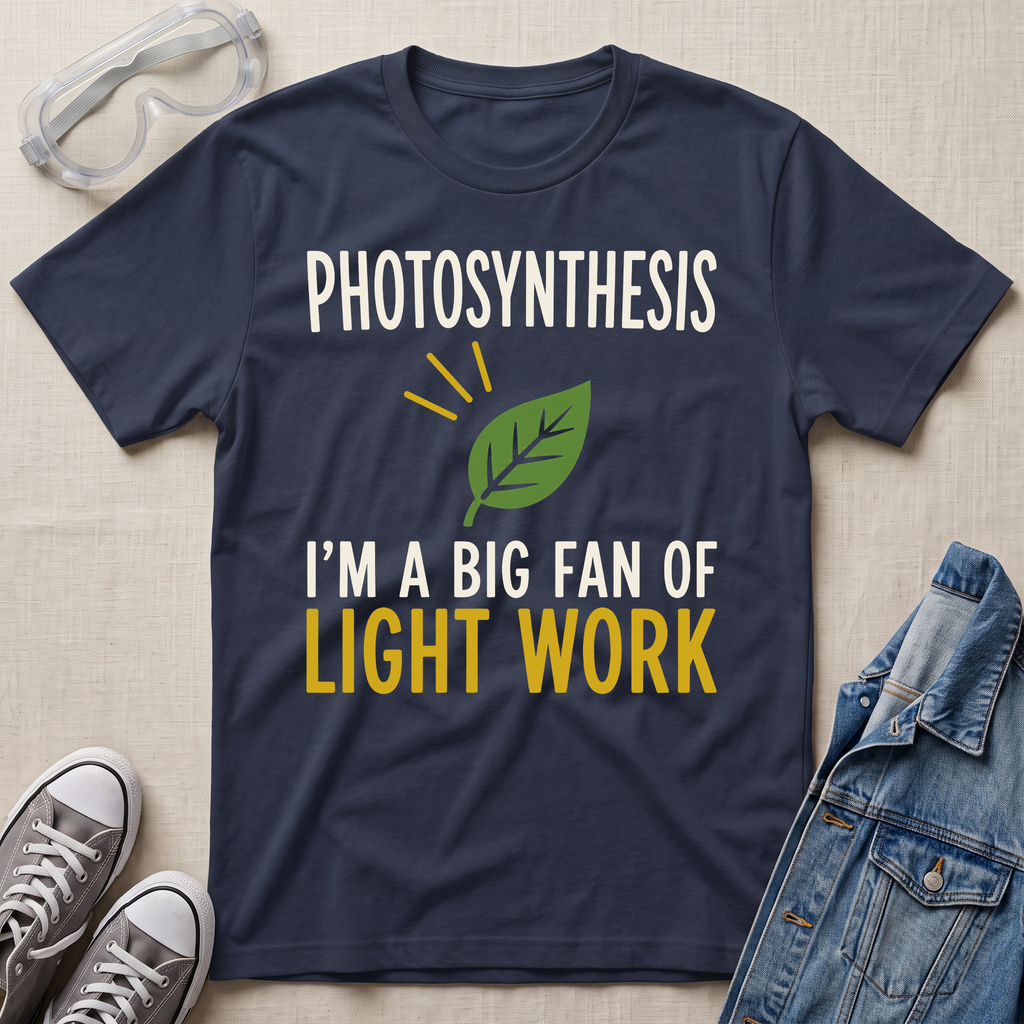 A navy blue graphic t-shirt laid flat on a beige fabric background, surrounded by styled props including safety goggles, gray sneakers, and a denim jacket. The t-shirt features a green leaf graphic and the text 'PHOTOSYNTHESIS I'M A BIG FAN OF LIGHT WORK' in white and yellow.