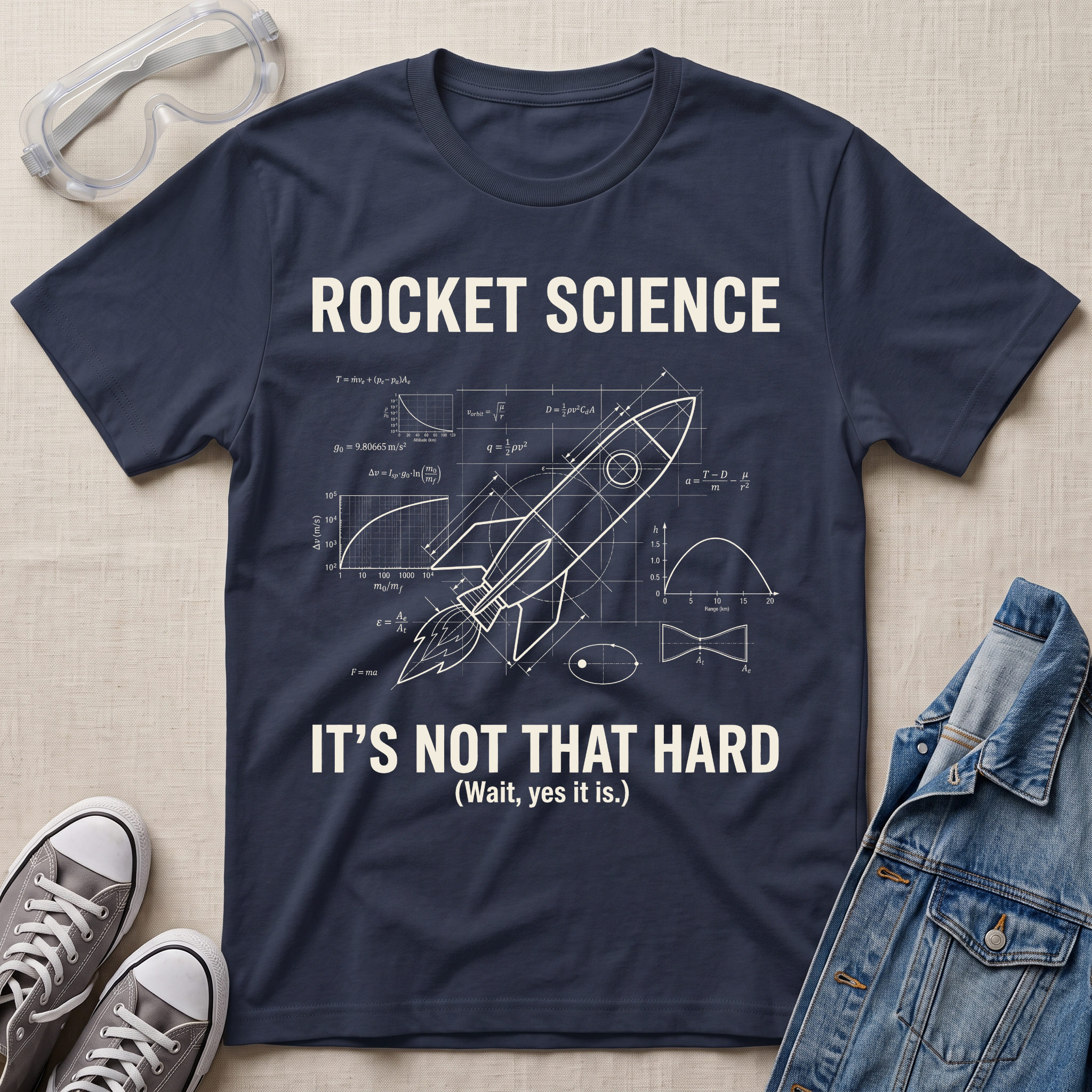 A navy blue graphic t-shirt featuring a white rocket science blueprint design with the text 'ROCKET SCIENCE IT'S NOT THAT HARD (Wait, yes it is.)' laid flat on a beige fabric background, styled with safety goggles, sneakers, and a denim jacket.