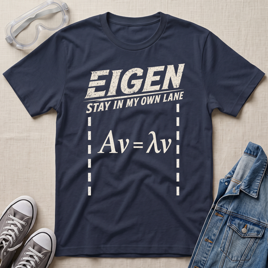 A navy blue graphic t-shirt featuring the text 'EIGEN STAY IN MY OWN LANE' and the equation 'Av = λv' in distressed white print. The t-shirt is displayed in a flat-lay arrangement on a beige textured background, styled with safety goggles, gray sneakers, and a denim jacket.