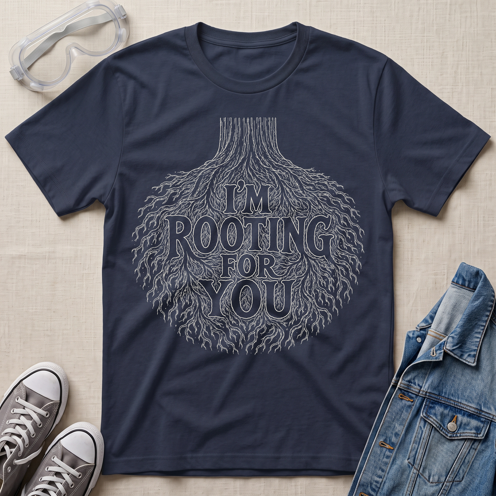 A navy blue botanical t-shirt featuring an intricate tree root illustration with the pun “I’m Rooting For You” in bold vintage-style lettering.