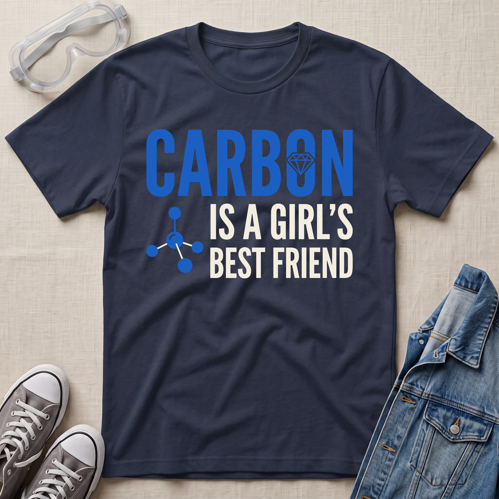 A navy blue graphic t-shirt laid flat on a beige fabric background, surrounded by styling props including safety goggles, gray sneakers, and a denim jacket. The t-shirt features the text 'CARBON IS A GIRL'S BEST FRIEND' in blue and white, with a small blue molecule graphic.