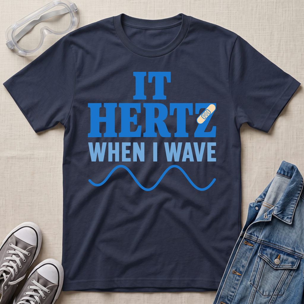 A navy blue graphic t-shirt laid flat on a textured beige fabric background, styled with safety goggles, gray sneakers, and a denim jacket. The t-shirt features the text 'IT HERTZ WHEN I WAVE' in blue and white, with a small band-aid graphic over the letter Z.