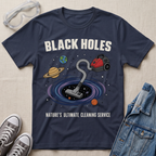 A navy graphic t-shirt laid flat on a textured fabric background, styled with safety goggles, sneakers, and a denim jacket. The t-shirt features a cartoon illustration of a vacuum cleaner falling into a black hole surrounded by planets, with the text 'BLACK HOLES' and 'NATURE'S ULTIMATE CLEANING SERVICE'.