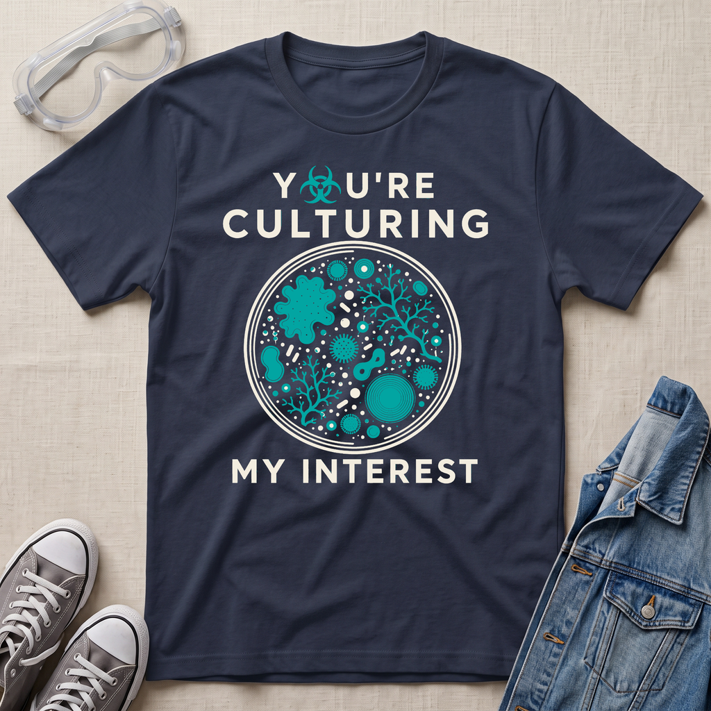 A navy blue graphic t-shirt laid flat on a beige fabric background, surrounded by props including safety goggles, gray sneakers, and a denim jacket. The t-shirt features a circular petri-dish style graphic with teal microorganisms and white text that reads 'YOU'RE CULTURING MY INTEREST'.