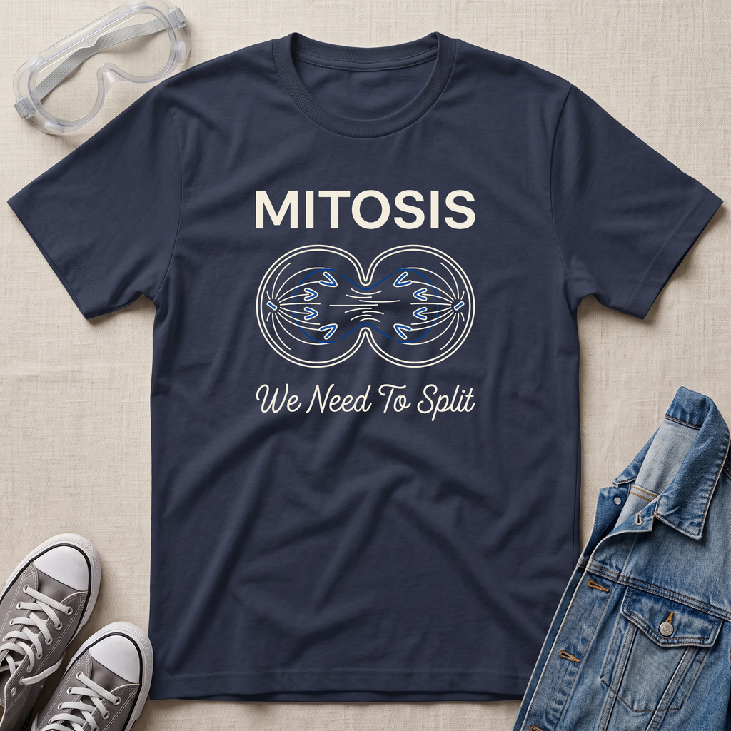 A navy blue science t-shirt featuring a mitosis cell division diagram with “MITOSIS – We Need To Split” text, styled with lab goggles, sneakers, and a denim jacket.