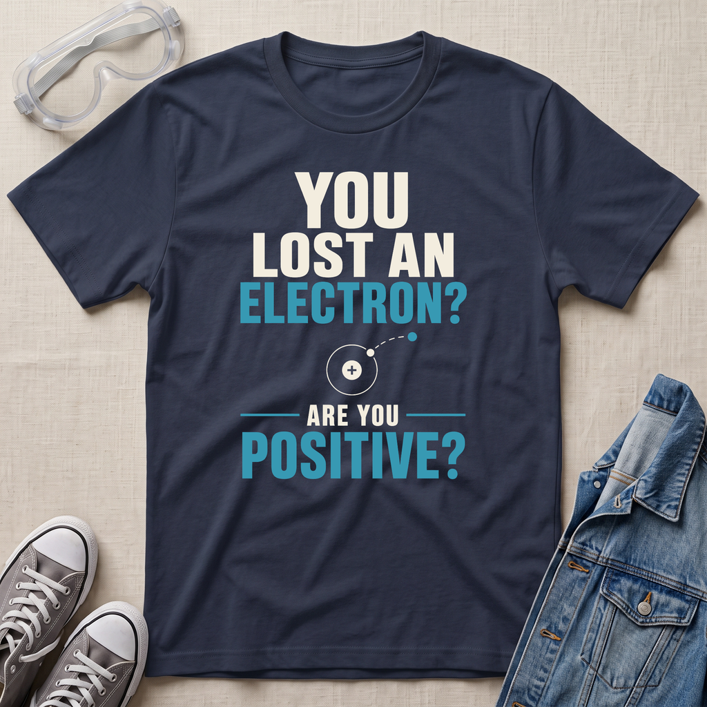 A navy blue graphic t-shirt laid flat on a beige fabric background, surrounded by styling props including safety goggles, gray sneakers, and a denim jacket. The t-shirt features a white and light blue text graphic that reads 'YOU LOST AN ELECTRON? ARE YOU POSITIVE?' with a simple atom diagram.