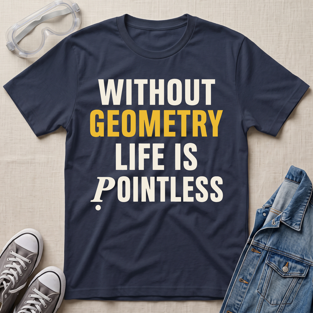 A navy blue graphic t-shirt laid flat on a beige textured background, surrounded by styling props including clear safety goggles, gray sneakers, and a denim jacket. The t-shirt features the text 'WITHOUT GEOMETRY LIFE IS POINTLESS' in bold white and yellow lettering.