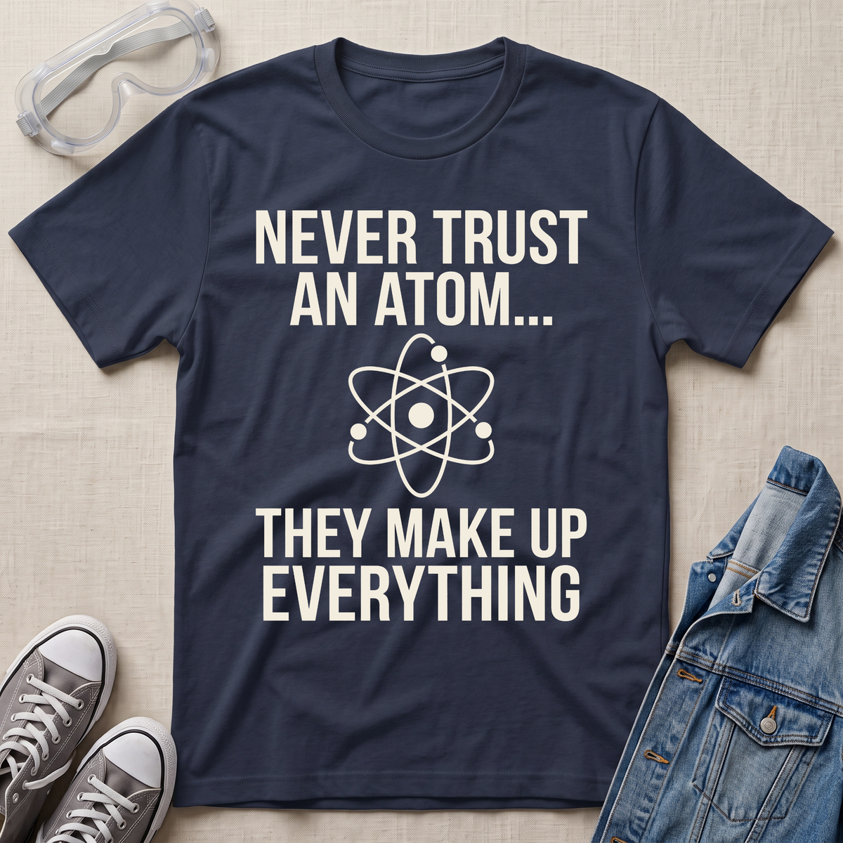 A navy blue graphic t-shirt with white text reading 'NEVER TRUST AN ATOM.' and 'THEY MAKE UP EVERYTHING' with an image of an atom in between the texts.