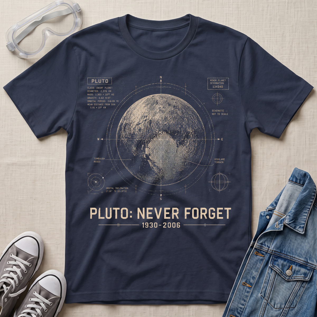A navy blue graphic T-shirt laid flat on a light beige fabric background, surrounded by styled props including safety goggles, gray sneakers, and a denim jacket. The shirt features a large printed Pluto diagram with the text 'PLUTO: NEVER FORGET 1930-2006' in beige.