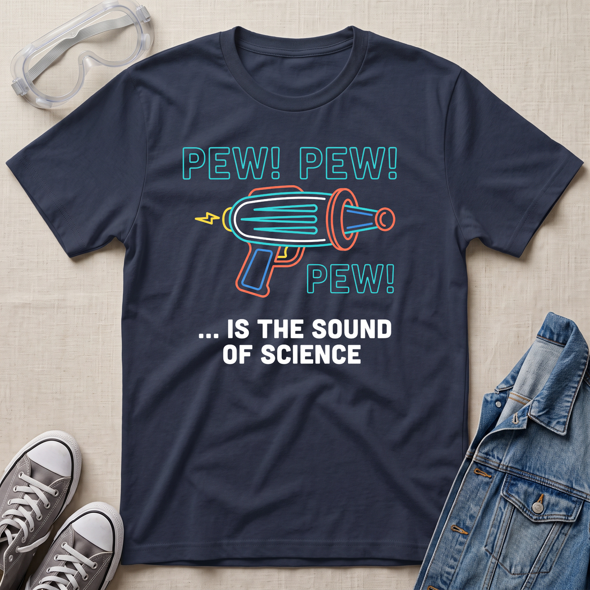 A navy blue graphic t-shirt laid flat on a light beige fabric background, styled with safety goggles, gray sneakers, and a denim jacket. The t-shirt features a colorful retro toy gun illustration with the text 'PEW! PEW! PEW! ... IS THE SOUND OF SCIENCE.'