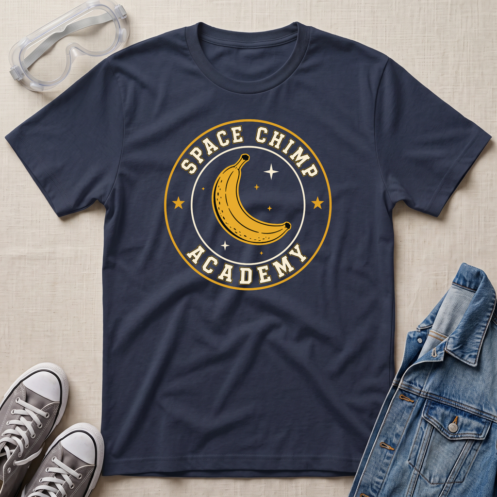 A navy blue t-shirt with a circular 'Space Chimp Academy' graphic featuring a yellow banana and stars, styled in a flat lay with safety goggles, jeans, sneakers, and a denim jacket on a textured beige background.