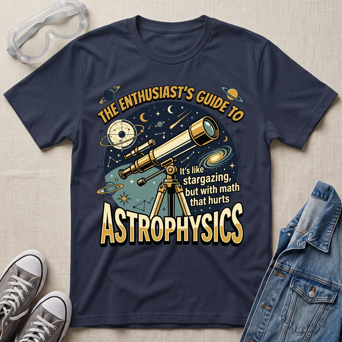 A navy blue graphic t-shirt laid flat on a light beige textured background, styled with safety goggles, gray sneakers, and a denim jacket. The t-shirt features a detailed space-themed graphic with a telescope, planets, stars, and the text 'THE ENTHUSIAST'S GUIDE TO ASTROPHYSICS' in a bold yellow font.