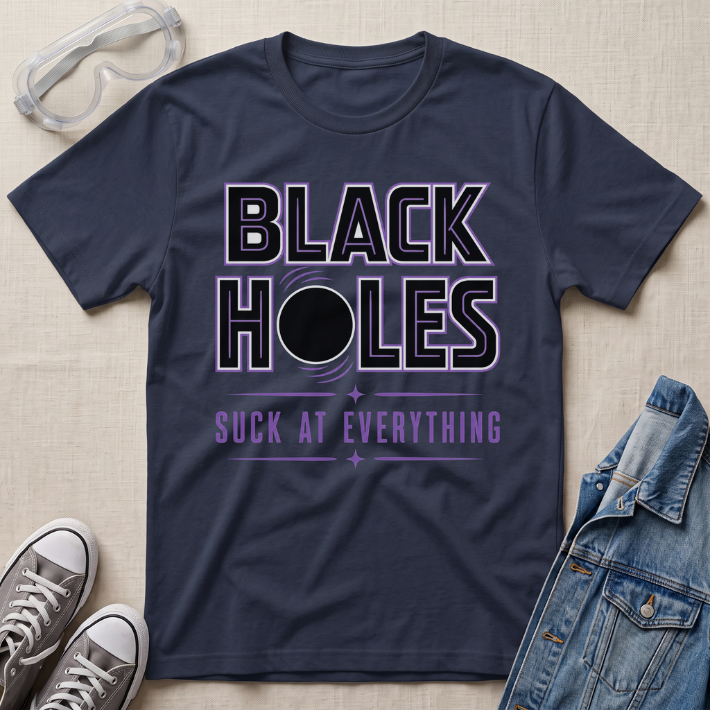 A navy blue graphic t-shirt laid flat on a beige fabric background, styled with safety goggles, gray sneakers, and a denim jacket. The t-shirt features a graphic that reads 'BLACK HOLES SUCK AT EVERYTHING' in black and purple text with a black circle illustration.