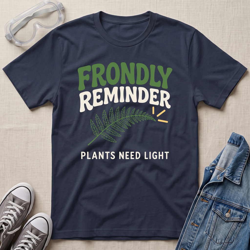 A navy blue graphic t-shirt laid flat on a beige fabric background, surrounded by styling props including safety goggles, gray sneakers, and a denim jacket. The t-shirt features a green fern leaf graphic and the text 'FRONDLY REMINDER PLANTS NEED LIGHT' in green and white.