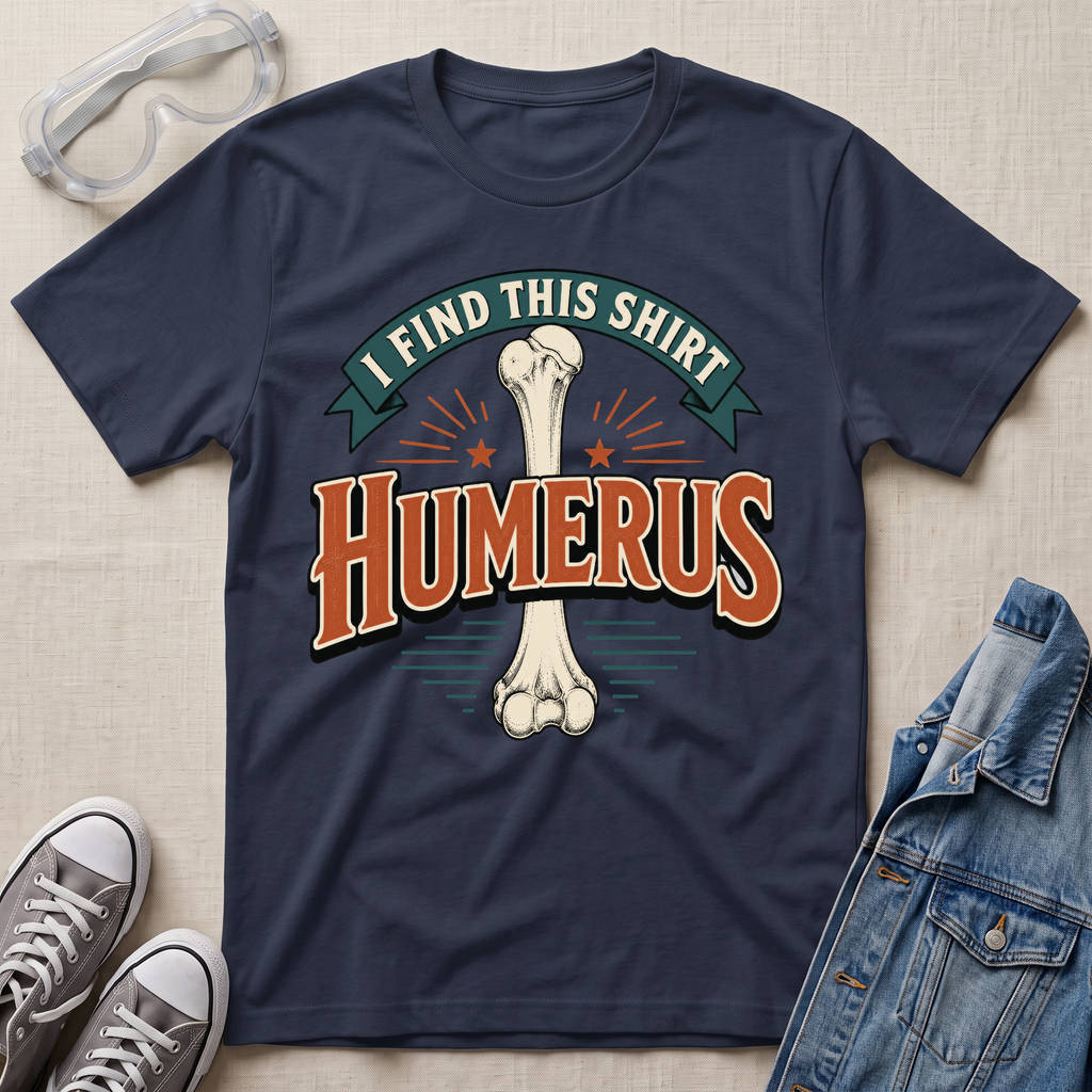 A navy blue graphic t-shirt laid flat on a light wood surface, featuring a bone graphic and the text 'I FIND THIS SHIRT HUMERUS' in orange and green. The shirt is styled with safety glasses, gray sneakers, and a denim jacket.