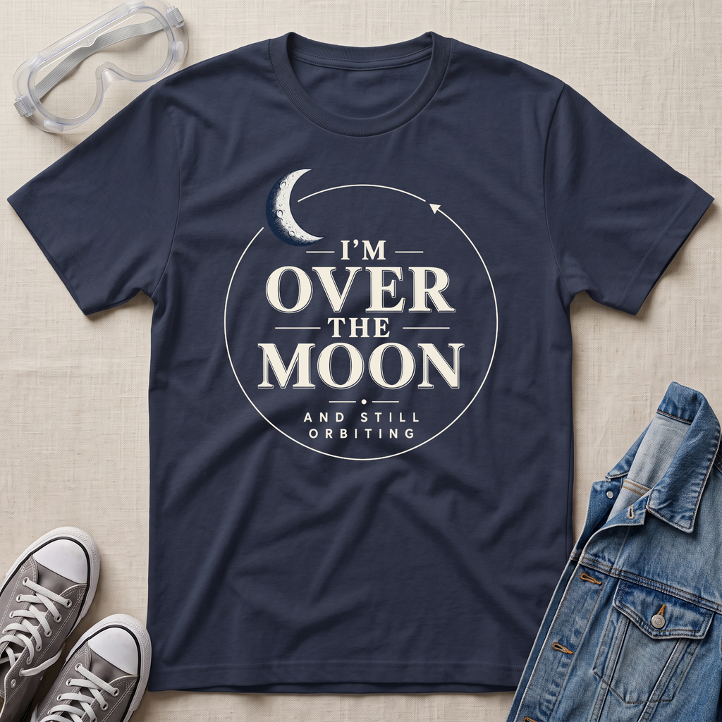 A navy graphic t-shirt laid flat on a textured beige fabric background, styled with clear safety goggles, gray sneakers, and a blue denim jacket. The t-shirt features a white circular graphic with a crescent moon and the text 'I'M OVER THE MOON AND STILL ORBITING'.