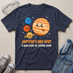 A navy blue graphic t-shirt laid flat on a beige fabric background, styled with clear safety glasses, gray sneakers, and a denim jacket. The t-shirt features a cartoon graphic of Jupiter and other planets with the text 'JUPITER'S RED_spot A BAD CASE OF COSMIC ACNE'.