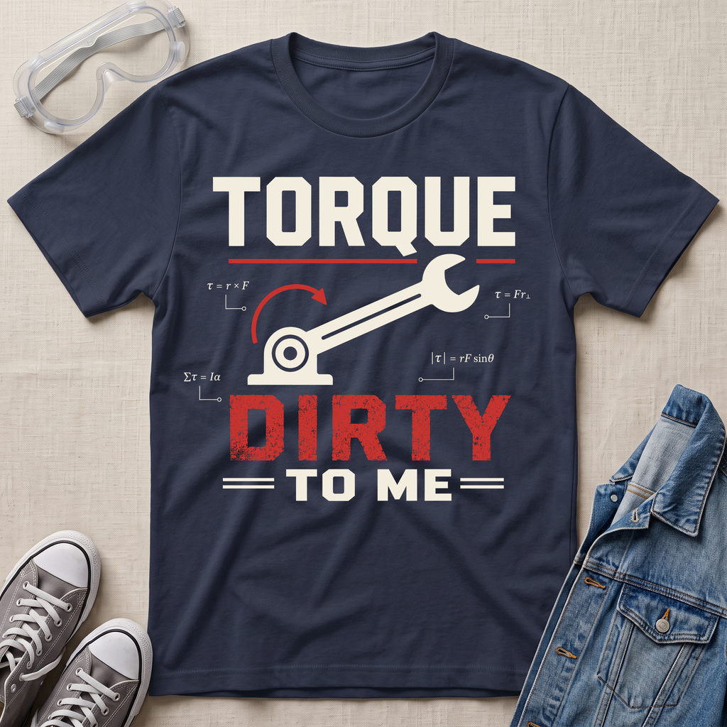 A navy blue graphic t-shirt laid flat on a beige fabric background, styled with safety glasses, gray sneakers, and a denim jacket. The t-shirt features a white and red graphic that reads 'TORQUE DIRTY TO ME' with a wrench and torque equation illustration.