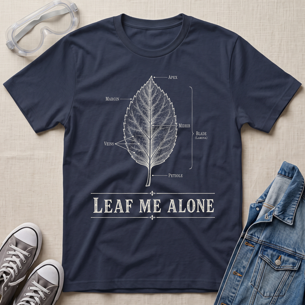 A navy blue botanical t-shirt featuring a vintage labeled leaf anatomy illustration with the pun “Leaf Me Alone” in bold retro typography.