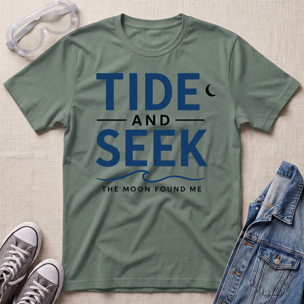 A sage green short-sleeve graphic T-shirt laid flat on a light beige textured surface, with safety glasses, gray sneakers, and a folded denim jacket around it. The shirt has large navy text reading 'TIDE AND SEEK' with smaller text 'THE MOON FOUND ME' and a crescent moon graphic.