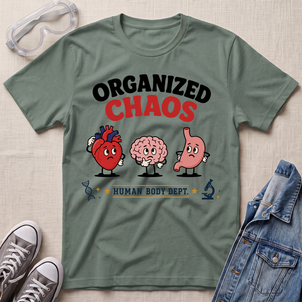 A sage green graphic t-shirt laid flat on a light beige fabric background, styled with clear safety goggles, gray sneakers, and a blue denim jacket. The t-shirt features a cartoon graphic of a red heart, a pink brain, and a pink stomach with the text 'ORGANIZED CHAOS' and 'HUMAN BODY DEPT.