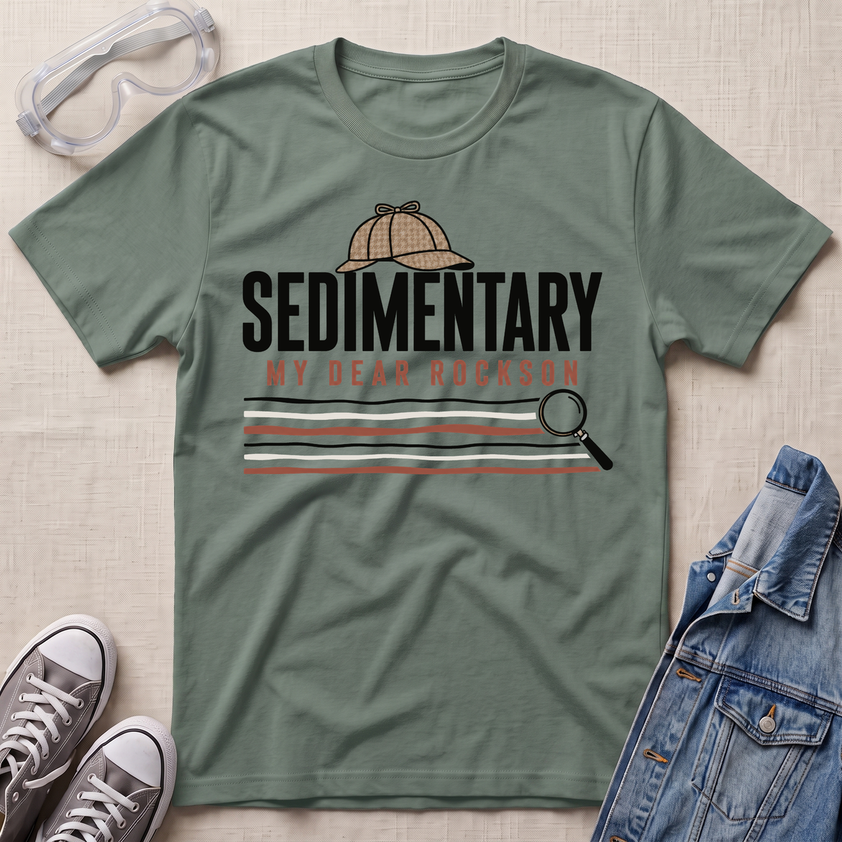A sage green graphic t-shirt featuring a detective themed 'Sedimentary My Dear Rockson' print, styled in a flat-lay with a denim jacket, sneakers, and safety goggles on a textured beige background.