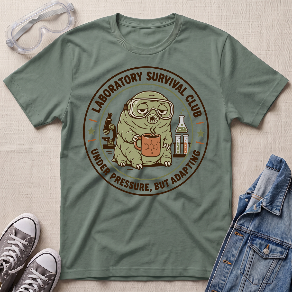 An olive green graphic t-shirt laid flat on a textured beige fabric background, surrounded by lifestyle props including safety goggles, gray sneakers, and a blue denim jacket. The t-shirt features a circular graphic of a cartoon creature in a gas mask holding a mug, with the text 'LABORATORY SURVIVAL CLUB' and 'UNDER PRESSURE, BUT ADAPTING'.