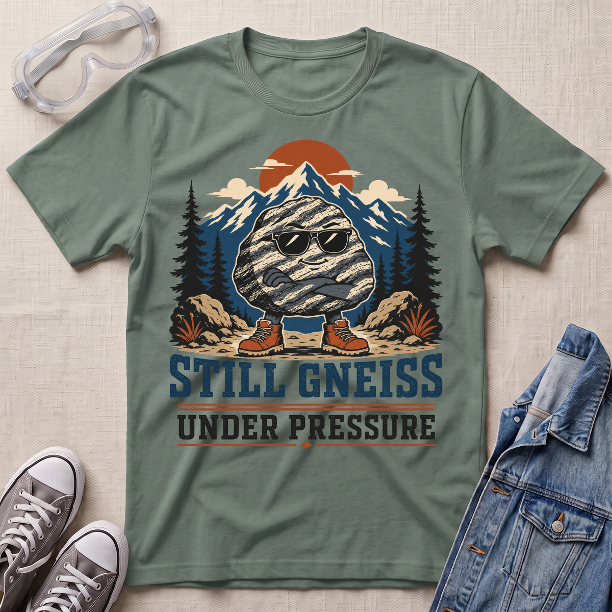 An olive green graphic t-shirt laid flat on a textured beige background, styled with safety glasses, gray sneakers, and a denim jacket. The t-shirt features a cartoon graphic of a striped gneiss rock wearing sunglasses, standing in front of mountains and pine trees under an orange sun, with the text 'STILL GNEISS UNDER PRESSURE'.