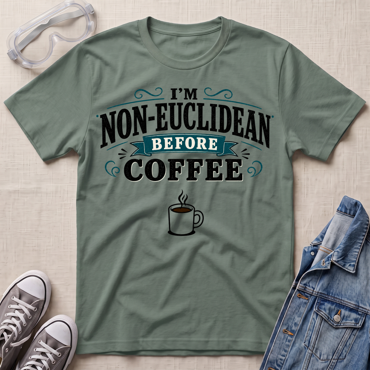 An olive green graphic t-shirt laid flat on a textured beige fabric background, styled with safety glasses, gray sneakers, and a blue denim jacket. The t-shirt features the text 'I'M NON-EUCLIDEAN BEFORE COFFEE' in black and teal lettering with a coffee cup graphic below.
