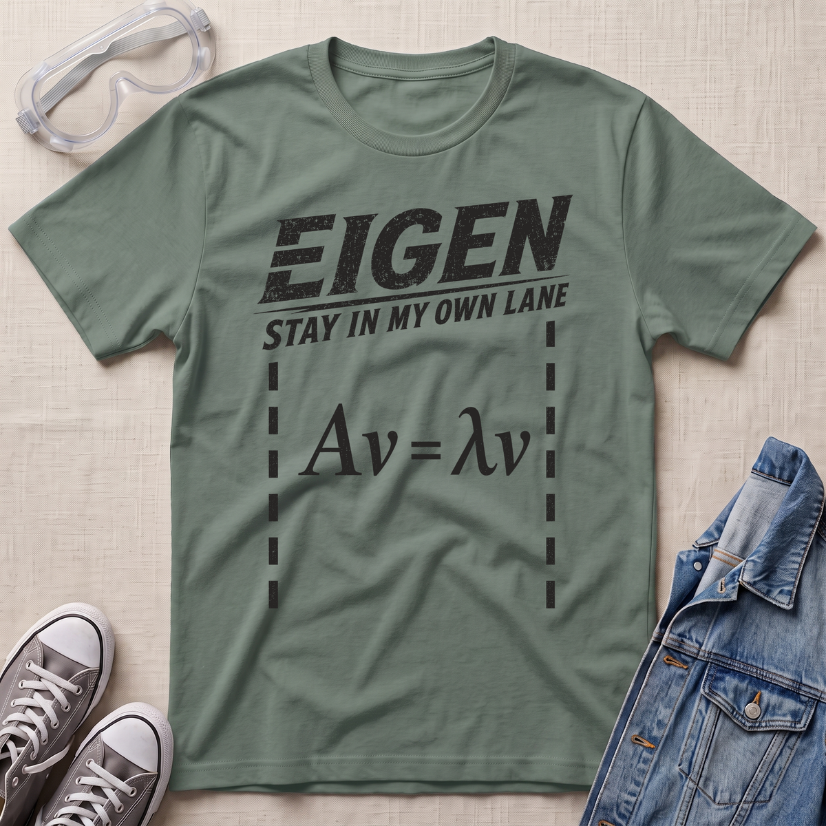 An olive green graphic t-shirt laid flat on a light beige textured background, styled with safety goggles, gray sneakers, and a blue denim jacket. The t-shirt features a black distressed print that reads 'EIGEN STAY IN MY OWN LANE' above the eigenvalue equation 'A×v = σv'.