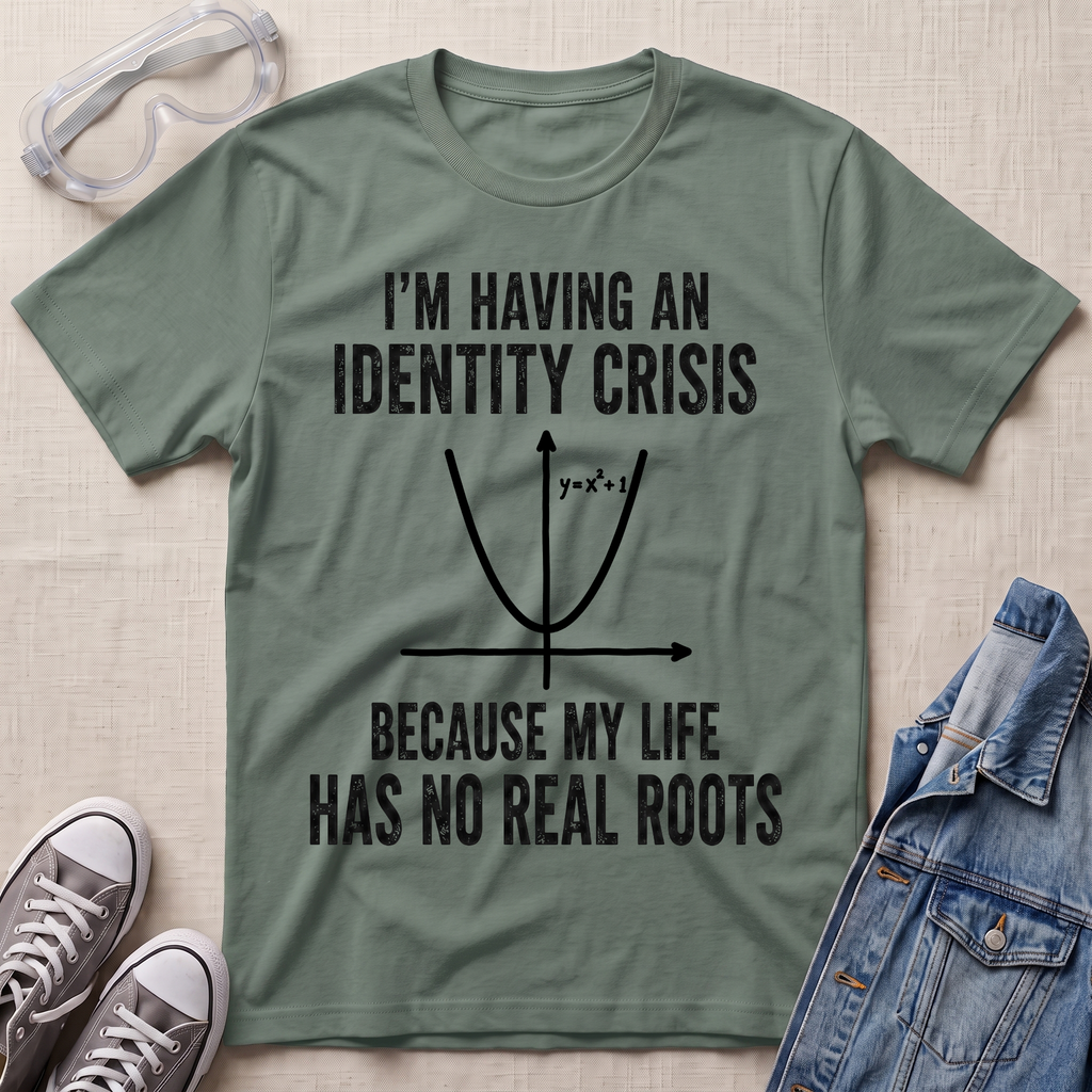 An olive green graphic t-shirt laid flat on a light beige fabric background, styled with a pair of clear safety glasses, gray sneakers, and a blue denim jacket. The t-shirt features a black printed graphic of a parabola and the text 'I'M HAVING AN IDENTITY CRISIS BECAUSE MY LIFE HAS NO REAL ROOTS'.