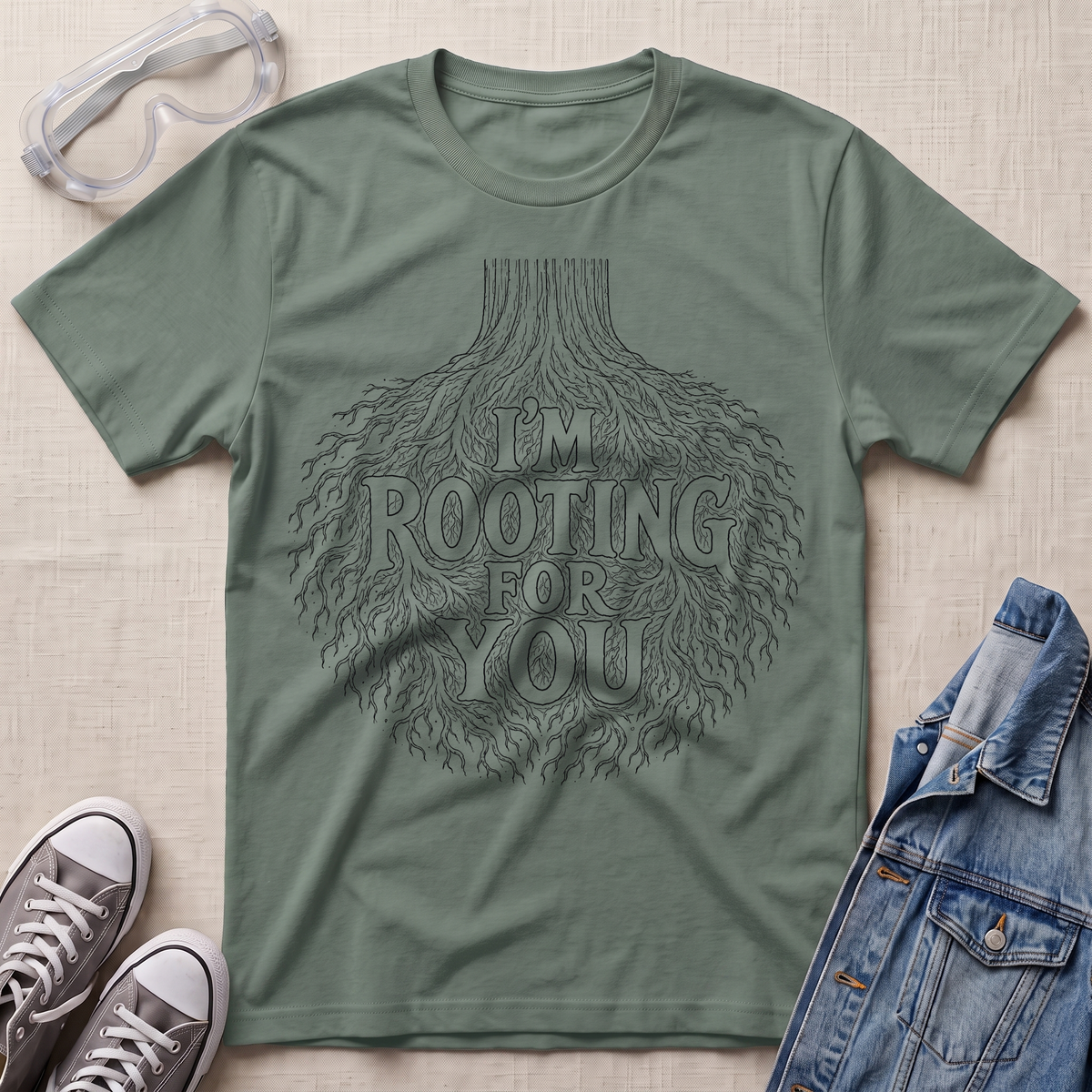 A sage green botanical t-shirt featuring an intricate tree root illustration with the pun “I’m Rooting For You” in bold vintage-style lettering.