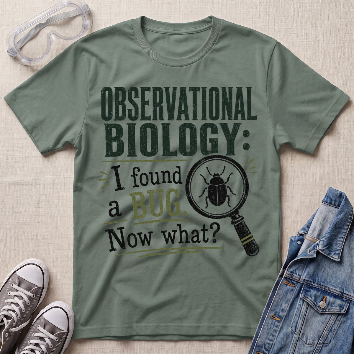 A sage green graphic t-shirt laid flat on a textured beige fabric background, styled with a pair of clear safety goggles, gray sneakers, and a blue denim jacket. The t-shirt features a dark green and yellow graphic that reads 'OBSERVATIONAL BIOLOGY: I found a BUG.