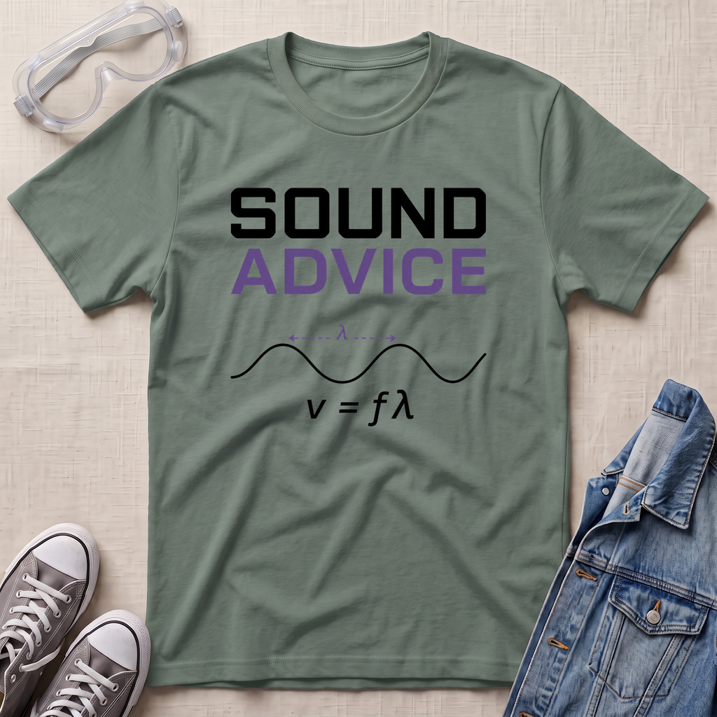An olive green graphic t-shirt laid flat on a textured beige surface, surrounded by lifestyle props including clear safety goggles, gray sneakers, and a blue denim jacket. The t-shirt features the text 'SOUND ADVICE' in black and purple, with a black wave equation graphic below.
