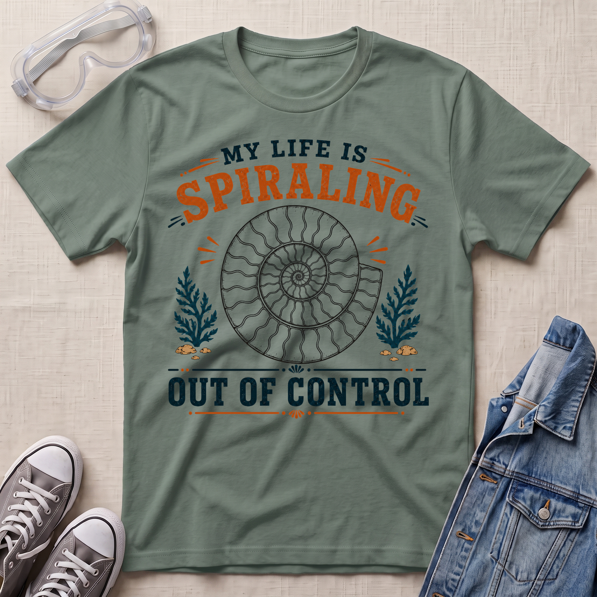 An olive green graphic t-shirt laid flat on a textured beige fabric background, styled with safety glasses, gray sneakers, and a blue denim jacket. The t-shirt features a graphic of a spiral ammonite shell with the text 'MY LIFE IS SPIRALING OUT OF CONTROL' in orange and navy blue.