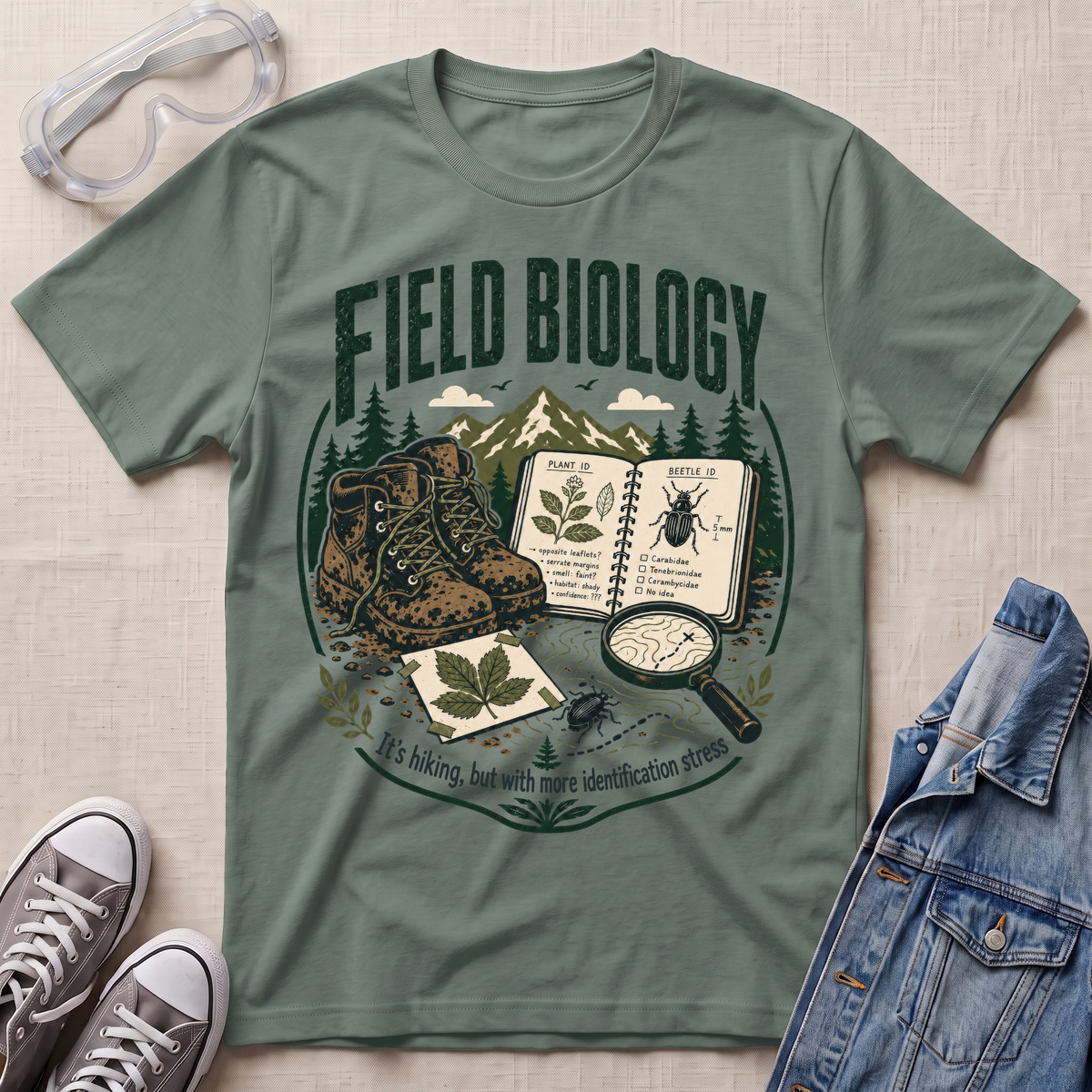 An olive green graphic t-shirt laid flat on a beige fabric background, surrounded by styled props including safety glasses, gray sneakers, a denim jacket, and a small magnifying glass. The t-shirt features a 'Field Biology' graphic with hiking boots, an open field notebook, a leaf specimen, and a beetle illustration.